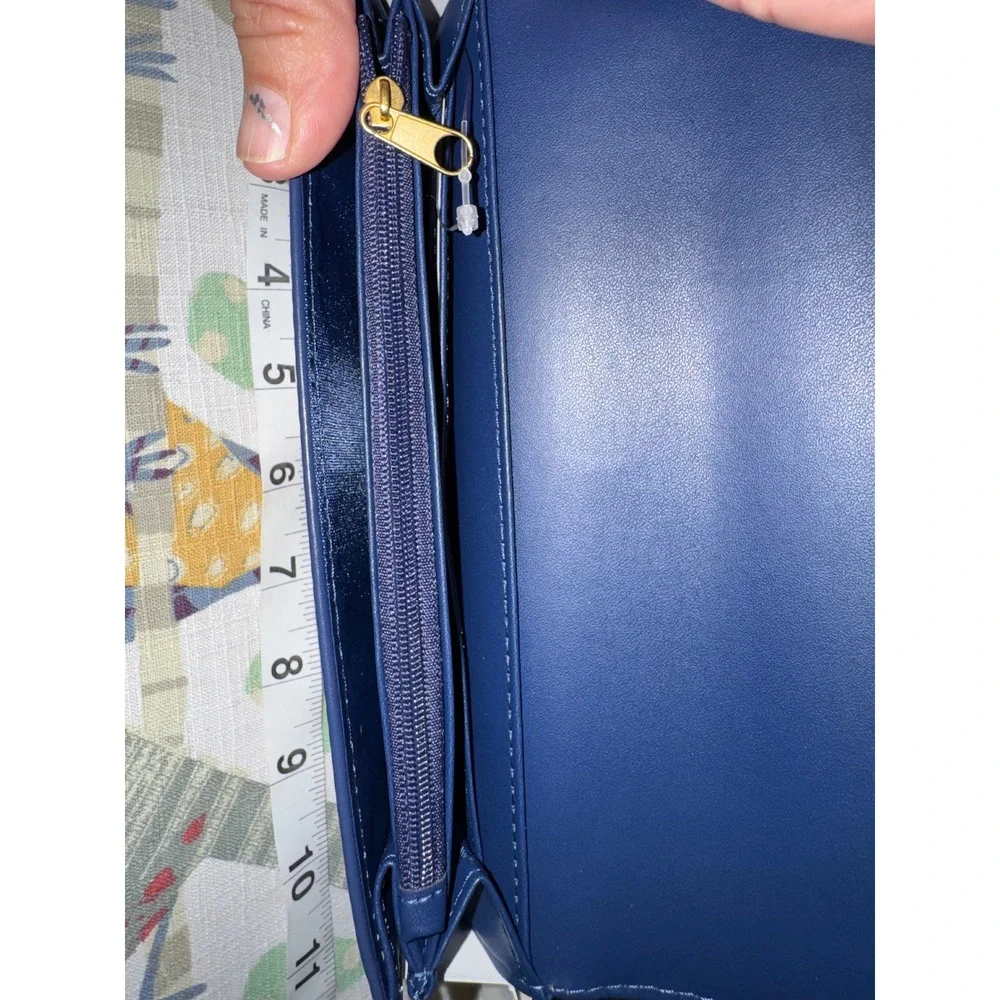 Free Assembly Women Denim Blue Wavy Cutout Flap Clutch Wallet FA261137